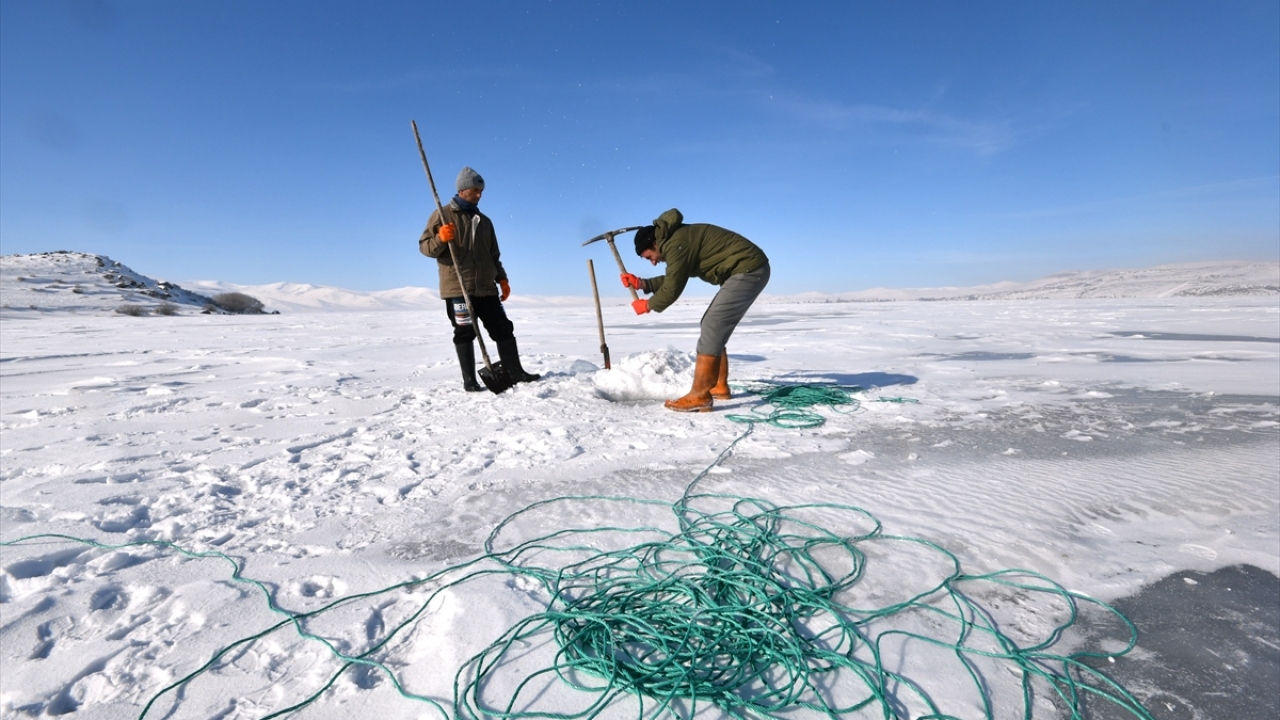 Doğu Anadolu`nun en büyük ikinci gölü olan ve kış aylarında yüzeyi tamamen buzla kaplanan Çıldır Gölünde, bölgede etkili olan soğuk hava nedeniyle buz tabakası 50 santimetreye ulaştı.