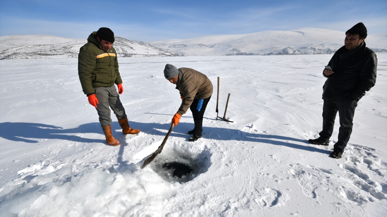Arpaçay ilçesine bağlı Doğruyol köyünde balıkçılık yapan vatandaşlar soğuk havaya aldırış etmeden balık avlıyor. Sabahın erken saatlerinde hazırlanan balıkçılar buzla kaplı gölün üzerinde yürüyerek ağlarını bırakacakları alana geliyor.