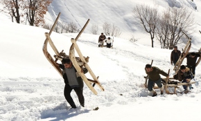 Hayvanlarını beslemek için karlı yolları kızakla aşıyorlar