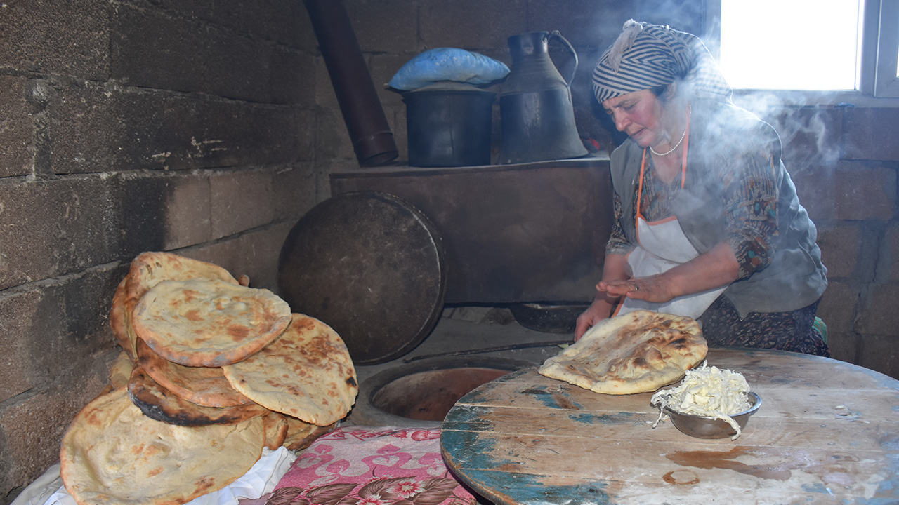 Yüzyıllardır nesilden nesilden aktarılan tandırda ekmek pişirme kültürünü Kars`ın Arpaçay ilçesine bağlı Kuyucuk köyünde yaşatan kadınlar, ekmeği sofraya getirebilmek için soğuk havaya rağmen meşakkatli bir çalışma sergiliyor.