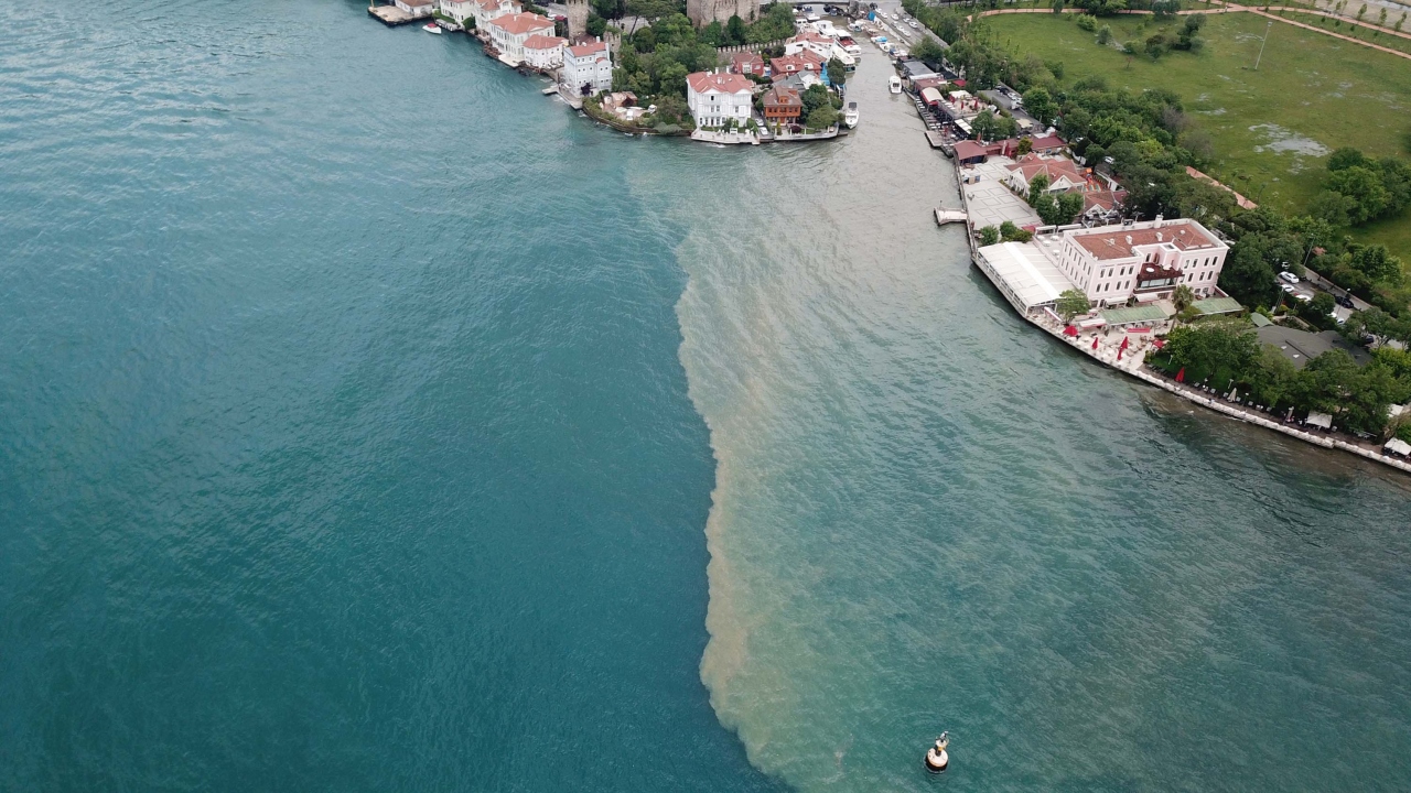 Boğazdaki kahverengi manzarayı gören vatandaşlar denizi hayretle izledi.