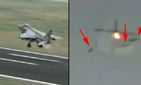 Kuş sürüsüne çarpan savaş uçağının pilotu bombaları piste bıraktı