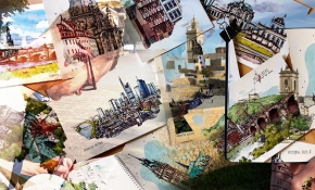 Avrupa manzaraları onun renkli eskizlerinde