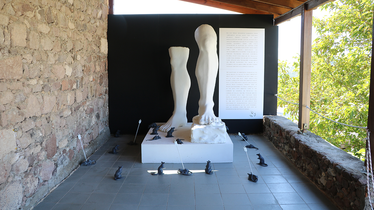 Apollon Smintheus Kutsal Alanı`nda ziyaretçileri, tapınağın basamaklarında farelerin ve bölgeye adını veren Apollon`un ayaklarının heykelleri karşılıyor.