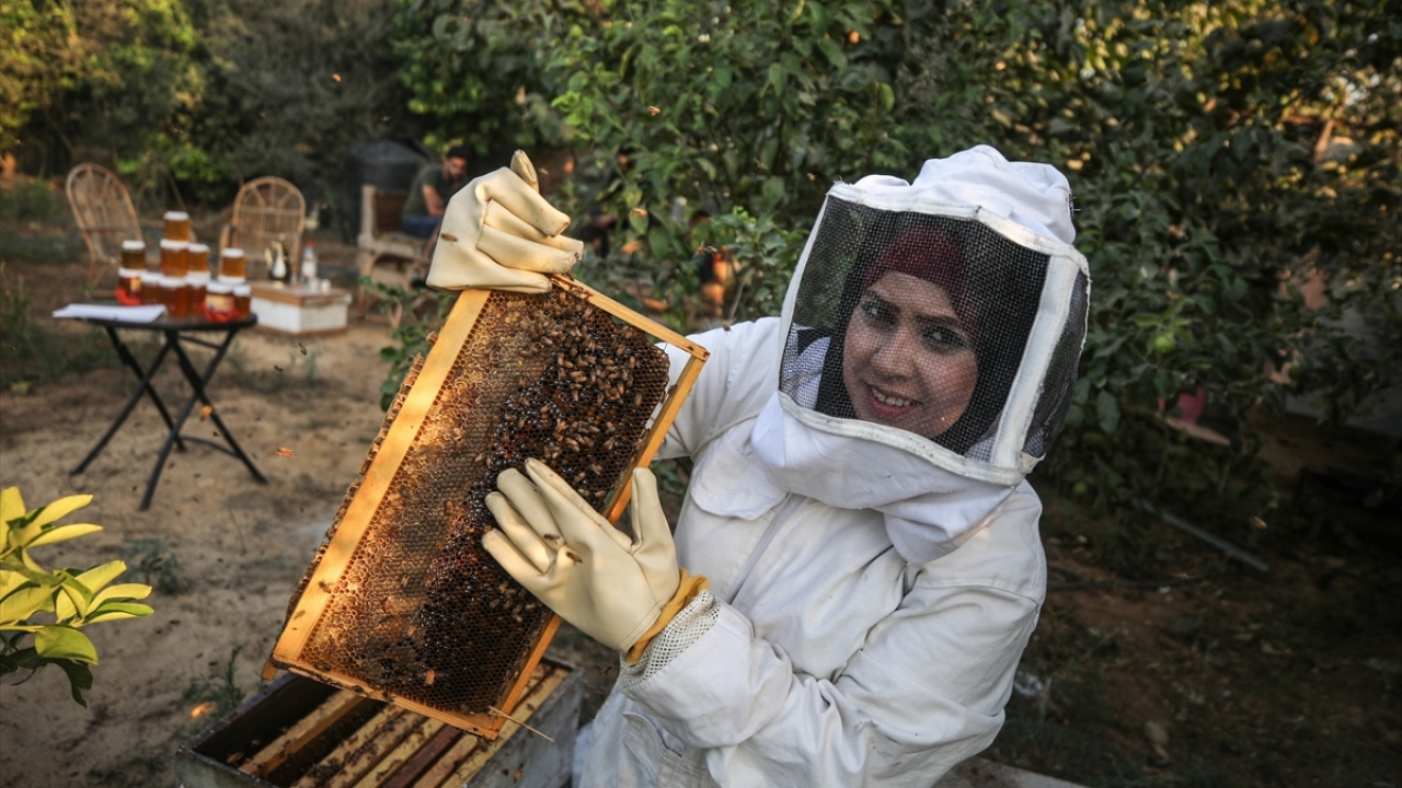Filistinli şehit kızı, bir yıl boyunca uzun uğraşlar ve sıkı çalışma sonucunda kovan sayısını 30`dan 50`ye çıkardığını anlattı. 
