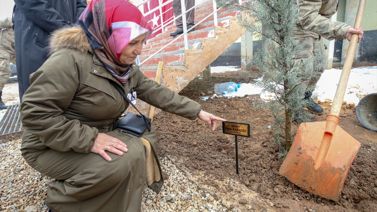 Çocuklarının kaldığı odaları gezen, Türk bayrağıyla örtülü yataklarını gören aileler, karakolların bahçesine fidan dikti.