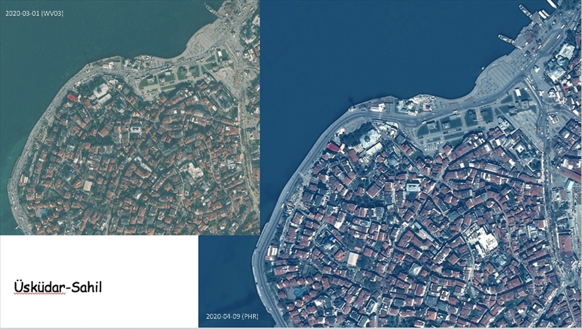 Üsküdar sahilde 1 Mart-9 Nisan tarihlerinde çekilen görüntülerde, yollardaki ve otoparklardaki araç yoğunluğunun gözle görülür bir şekilde azaldığı dikkati çekerken, hareketliliğin durma noktasına geldiği görüldü.