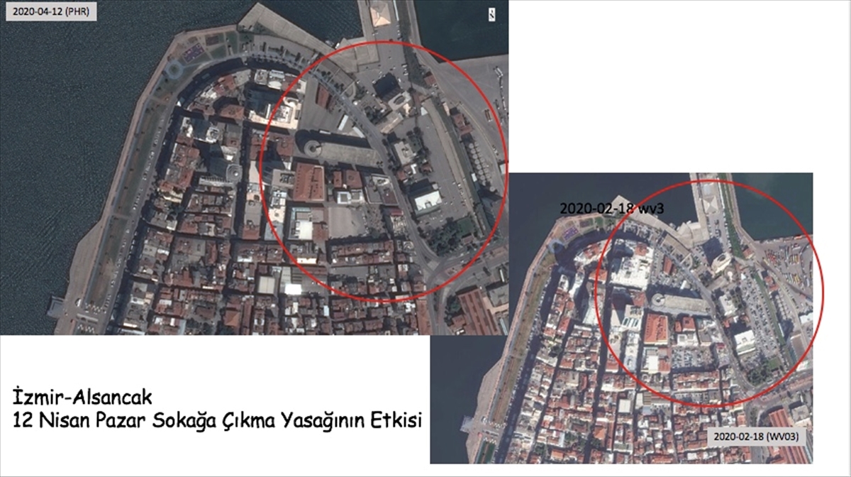 İzmir Alsancak sahilde sokağa çıkma yasağının uygulandığı 12 Nisan`da çekilen görüntü ile 18 Şubat`taki görüntü karşılaştırıldığında, sahil yolunun ve civardaki otoparkların neredeyse tamamen boş olduğu dikkati çekti.