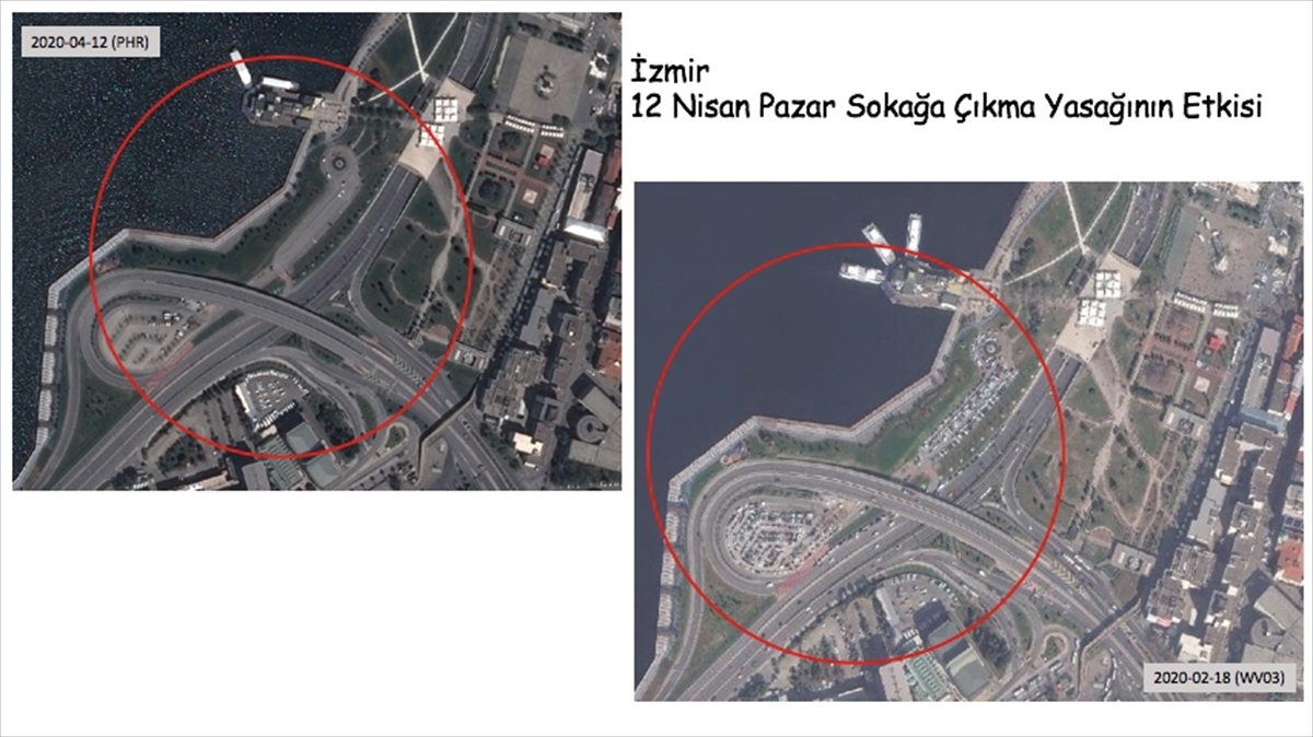 İzmir sahilde sokağa çıkma yasağının uygulandığı 12 Nisan`da çekilen görüntü ile 18 Şubat`taki görüntü karşılaştırıldığında, sahil yolunun ve civardaki otoparkların neredeyse tamamen boş olduğu dikkati çekti.