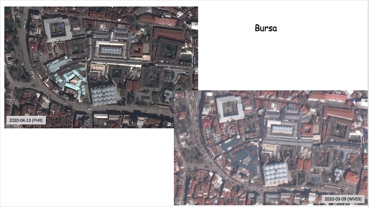 Bursa Ulu Cami ve Kapalıçarşı civarında 9 Mart-13 Nisan tarihlerinde çekilen görüntülere yollardaki araç yoğunluğunun azaldığı yansıdı.