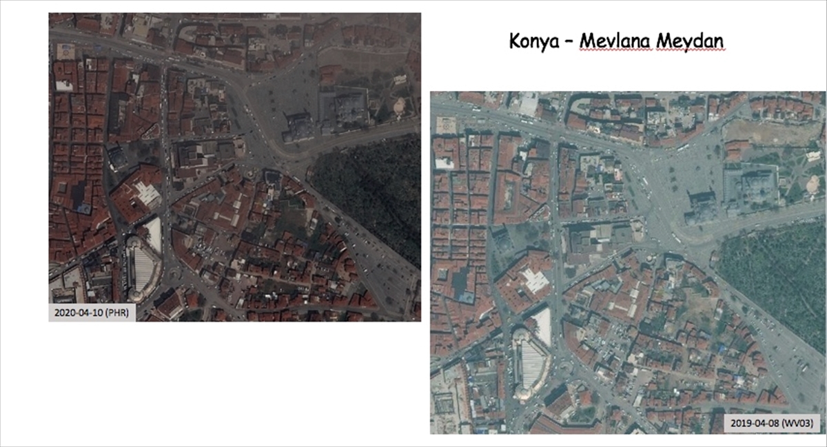 Konya Mevlana Meydanı`nda 8-10 Nisan tarihlerde kaydedilen görüntüde, diğer illere göre araç yoğunluğunun biraz daha fazla olduğu görüldü.