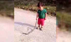 Küçük Eymen'in 1,5 metrelik yılanla tehlikeli oyunu