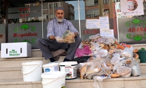 Çöplerden topladığı ekmeklerle kuşları besliyor