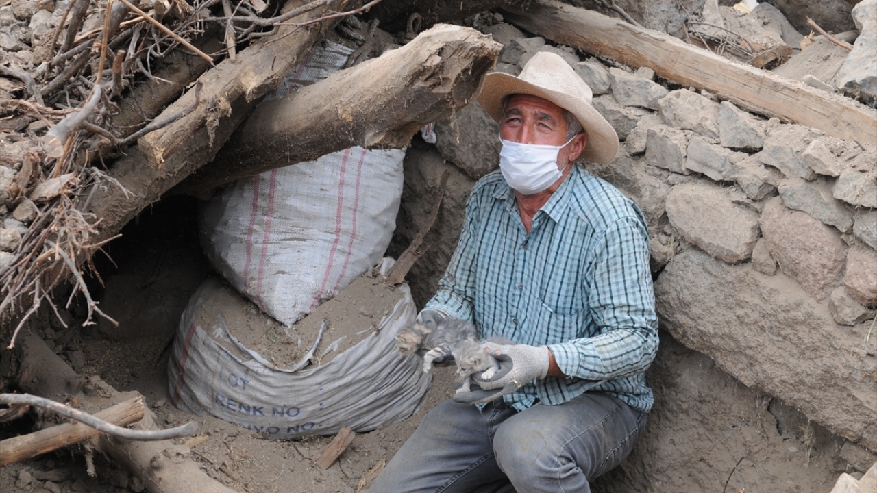 Depremzede Mazlum Adıbeli, amcasına ait samanlıktaki eşyaları çıkarmak için enkazı kazdıkları sırada 3 kedi yavrusu gördüklerini, enkazdan ikisini sağ çıkardıklarını söyledi.