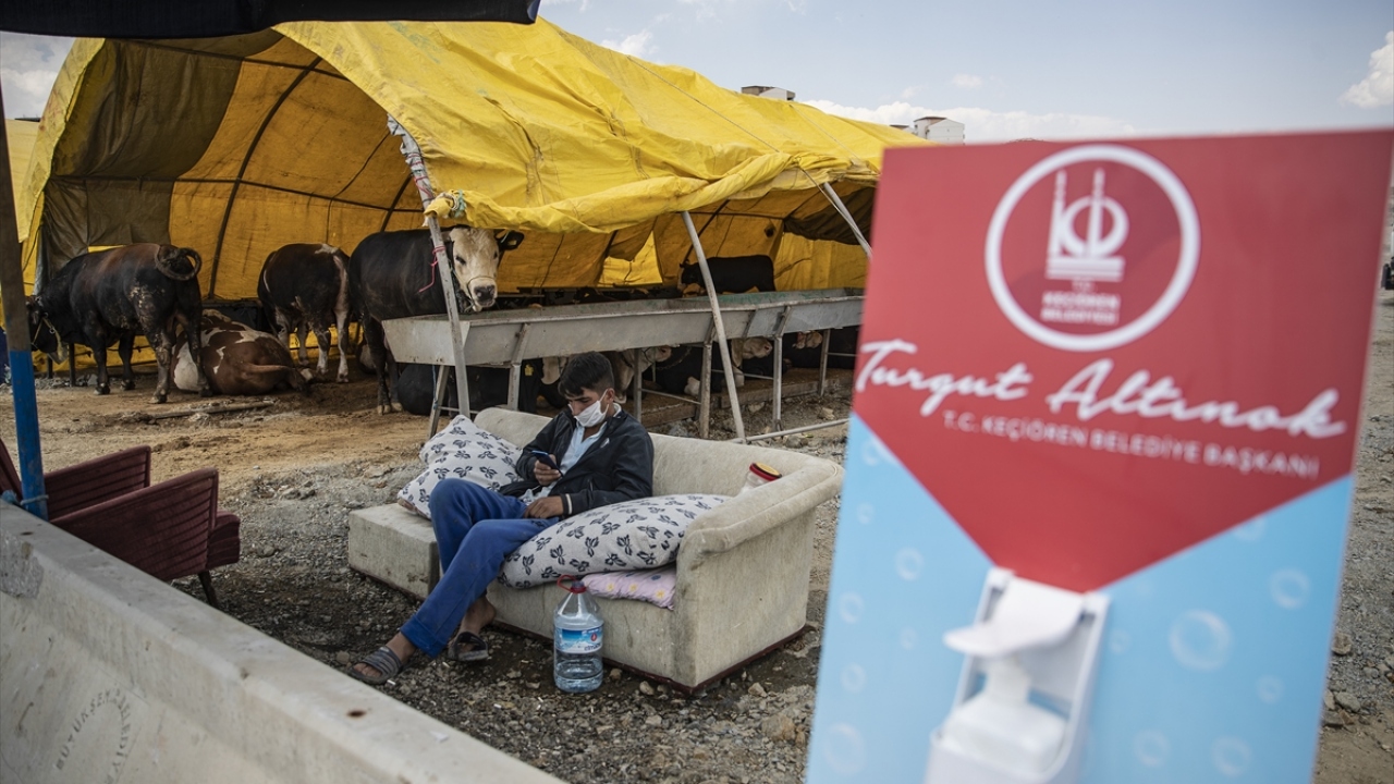 Kurbanlıklarını satmak için pazara getiren besicilerin, yeni tip koronavirüs (Covid-19) önlemleri kapsamında maske taktığı ve dezenfektan bulundurdukları görüldü.