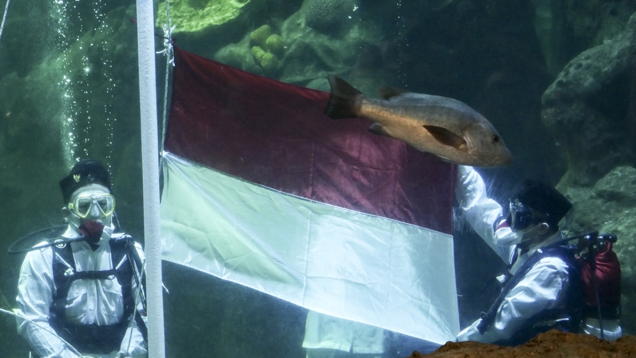 Jakarta`daki Sea World Ancol Akvaryumu`nda görevli dalgıçlar Endonezya bayrağı açtı.