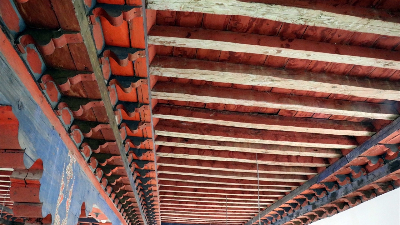 Tavanı, kapıdan mihraba kadar uzanan ve iki direkle beslenen ağaçlar üzerine yapılan caminin, tavan ve duvar süslemelerinde kök boyası kullanıldığı görülüyor.