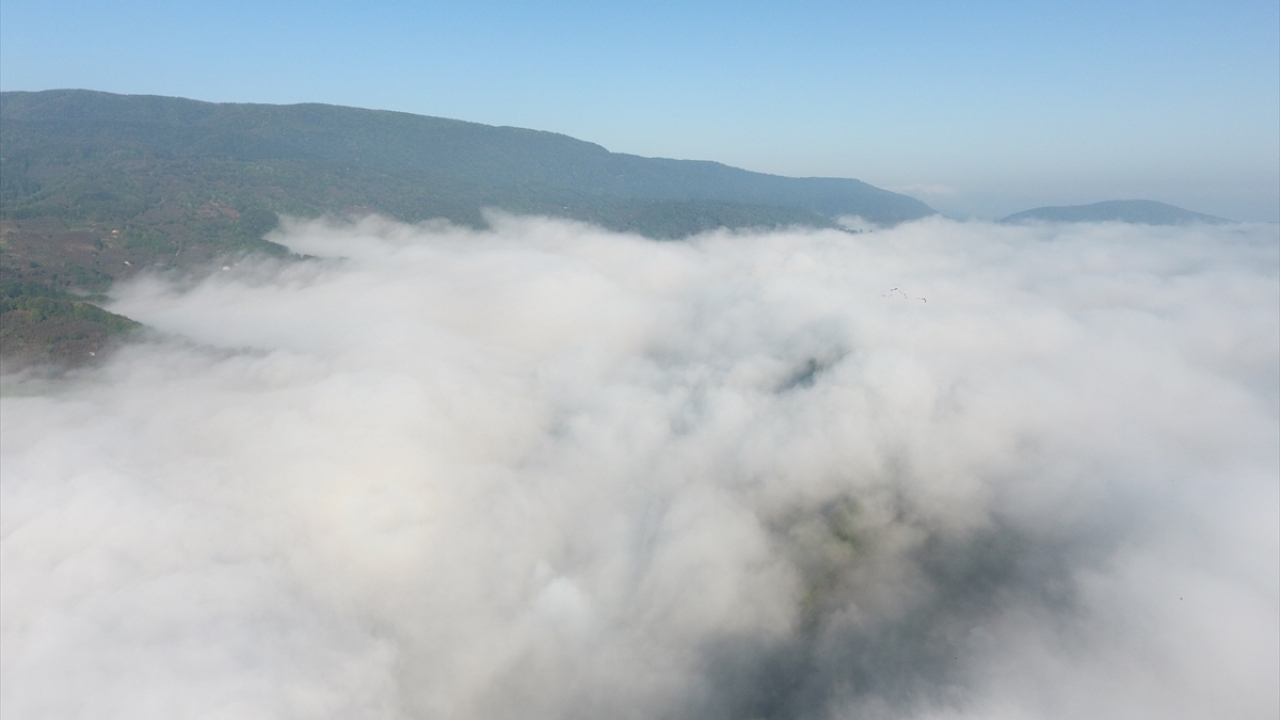Yamaçları kaplayan yoğun sis drone ile de havadan görüntülendi. 