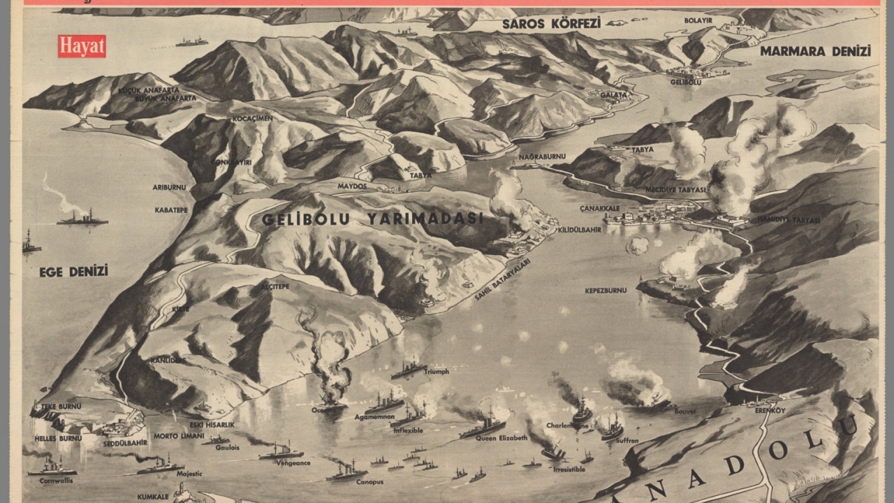 18 Mart 1915 Çanakkale Zaferi döneminde Gelibolu Yarımadası’nı gösteren "Hayat" dergisi kaynaklı bir harita.