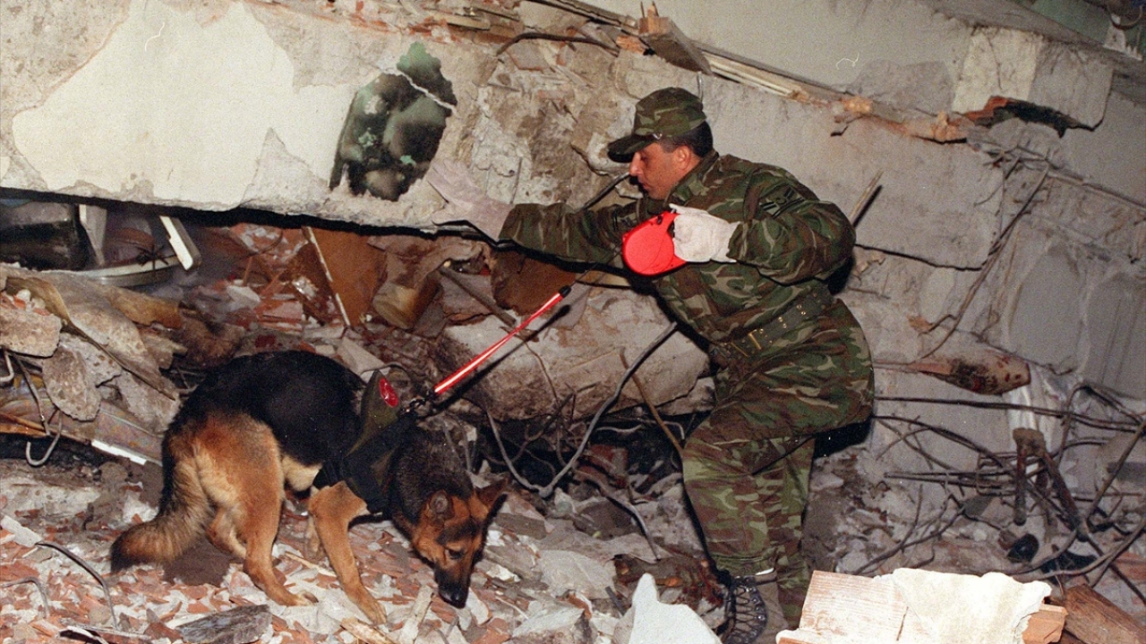 Deprem sonrası başlatılan arama kurtarma çalışmalarına katılan arama kurtma ekipleri ve köpekleri ile. (Arşiv)