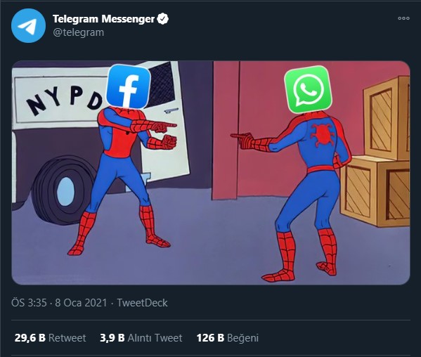 Telegram`dan WhatsApp`a "Facebook" göndermesi