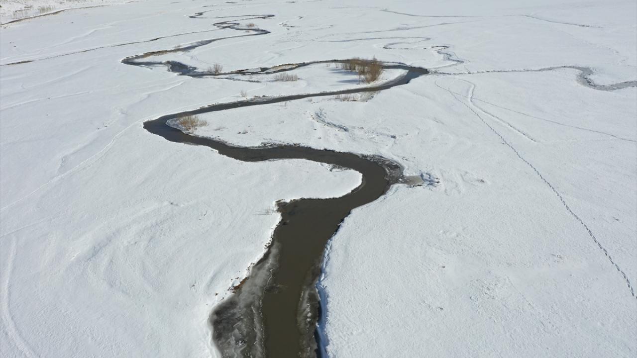 Iğdır`ın güneyinde bulunan Aras Dağları`nın eteklerindeki Ünlendi Vadisi, bölgede etkili olan kar yağışının ardından beyaza büründü.