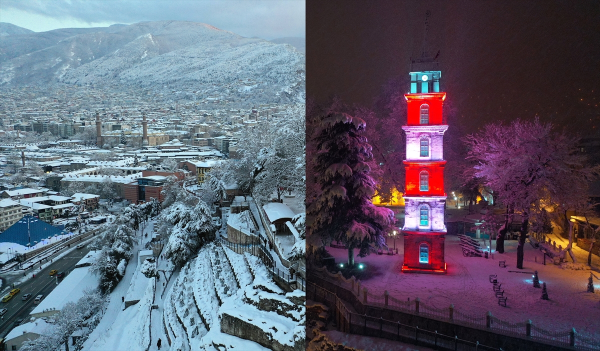 Fotoğrafta gece ve gündüz aynı açılardan çekilen Tophane meydanı ve saat kulesi görülüyor.