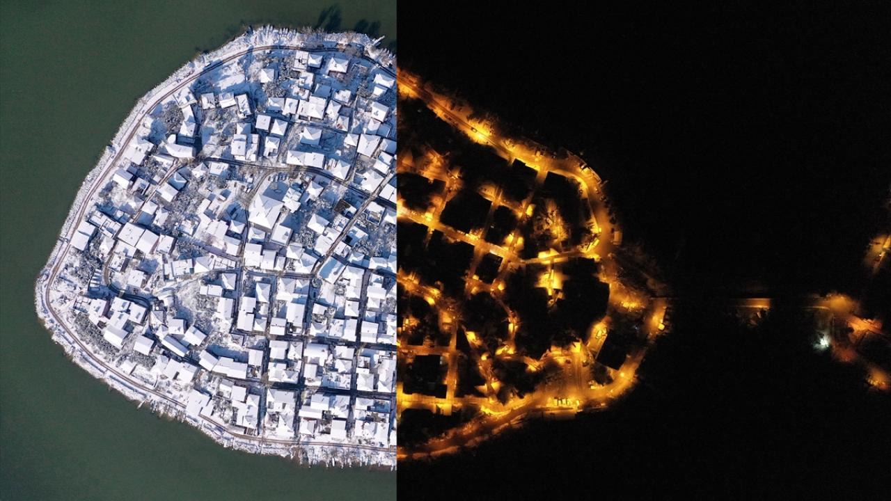 Fotoğrafta gece ve gündüz aynı açılardan çekilen Gölyazı görülüyor.