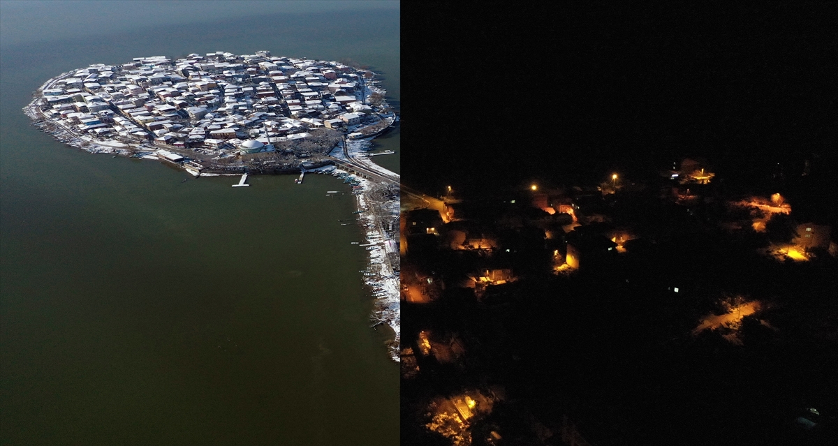 Fotoğrafta gece ve gündüz aynı açılardan çekilen Gölyazı görülüyor.