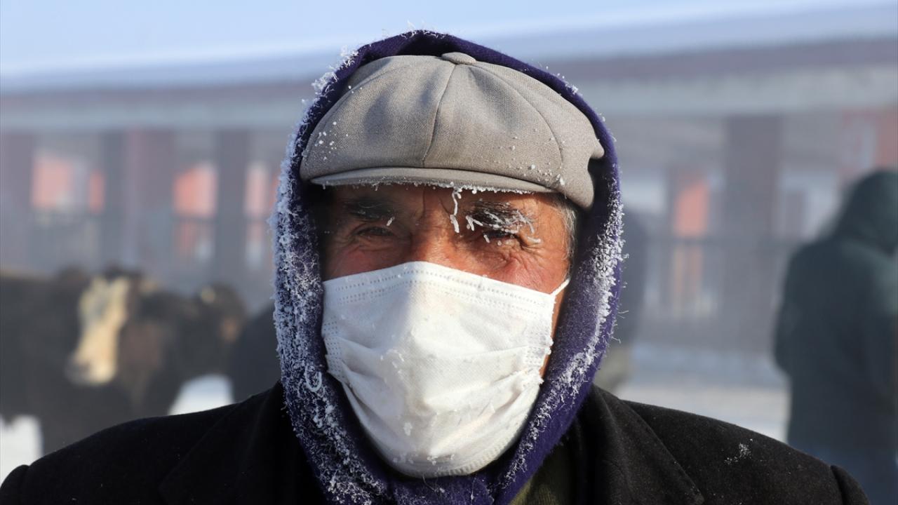 Ağrı`da hayvan pazarına hayvanlarını satmaya getiren besiciler de soğuklardan etkilendi.