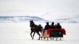 Buz tutan Çıldır Gölü üzerinde atlı kızak ve drift keyfi