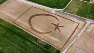 Tarlasına traktörüyle Türk bayrağı çizdi