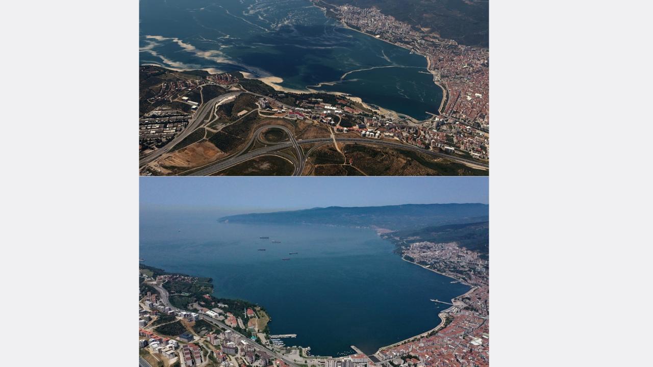 Fotoğrafta Gemlik Körfezi`ndeki değişim görülüyor.