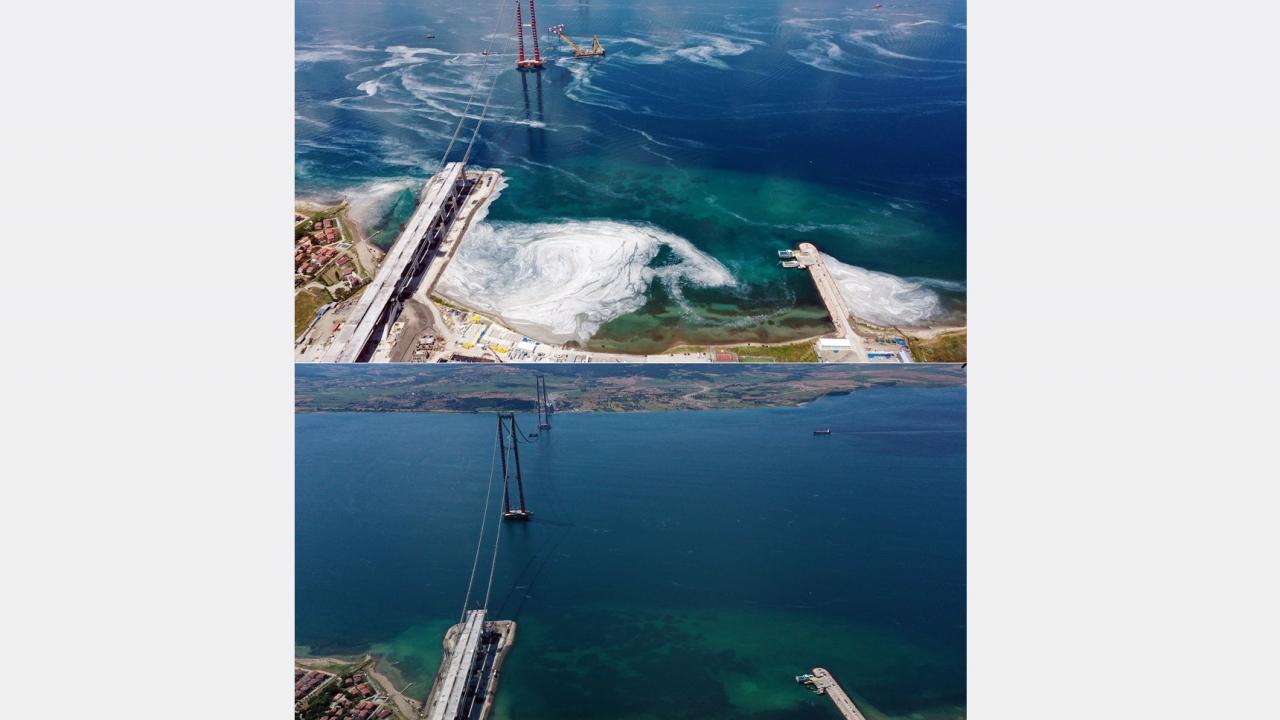 Fotoğrafta Lapseki`nin Şekerkaya ve Gelibolu ilçesi Sütlüce mevkileri arasında yapımı süren 1915 Çanakkale Köprüsü çevresindeki değişim görülüyor.