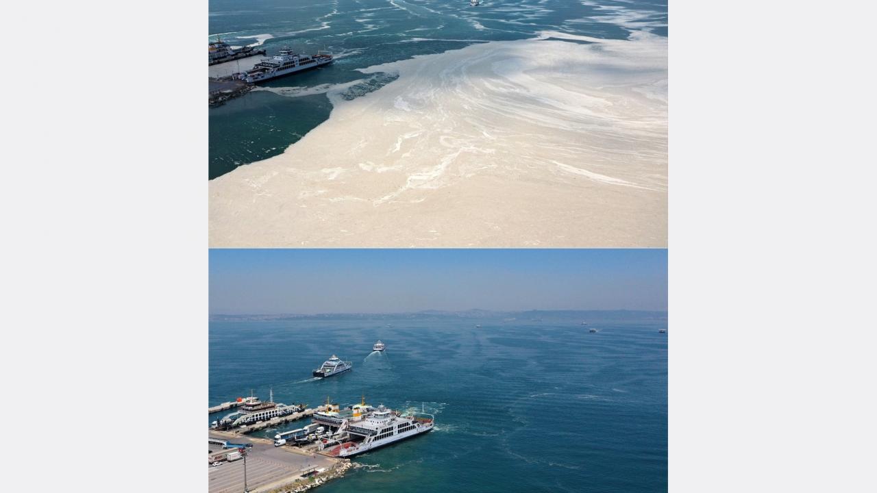 Fotoğrafta Yalova`daki Topçular feribot iskelesi kıyısı ve açıklarındaki değişim görülüyor.