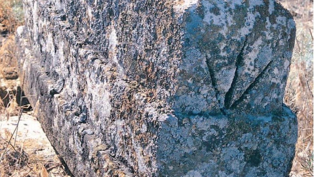  Kazakistan’ın Mangışlak bölgesinde olup da İskitlerden kaldığına inanılan bir mezar taşında kaz ayağı damgası.