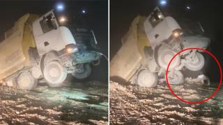 Uçuruma yuvarlanan kamyonun sürücüsü son anda kurtuldu