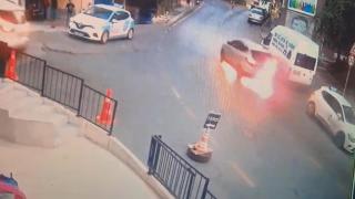 Alev alan araçla metrelerce ilerlediler: O anlar kamerada