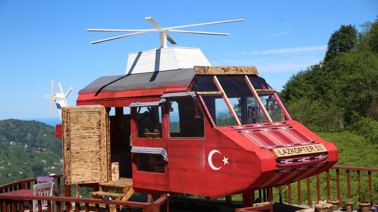 Rize'de çay bahçesinde helikopter şeklindeki ahşap yapı ilgi çekiyor