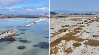 Kuraklığın etkilediği Avlan Gölü'nün mevsimsel değişimi görüntülendi