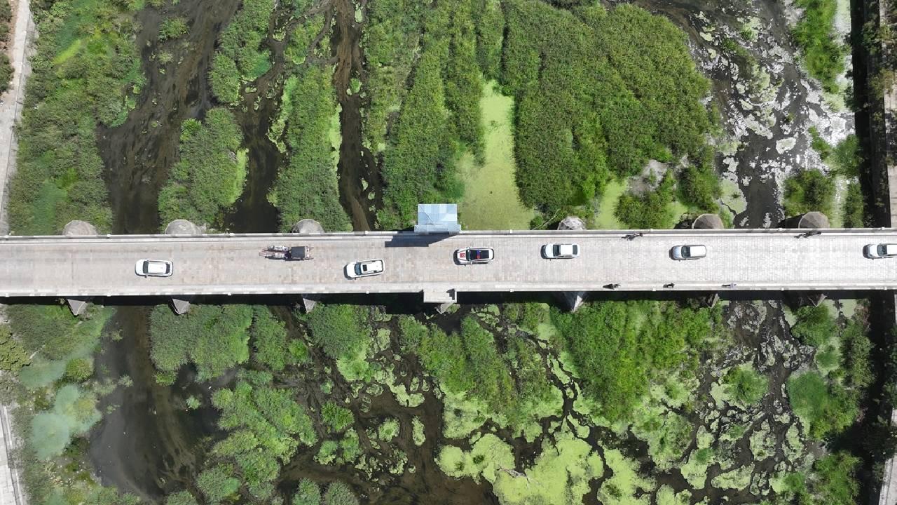 Tunca Nehri'nde kuraklık nedeniyle su akışının durduğu alanlar ot öbekleriyle kaplandı