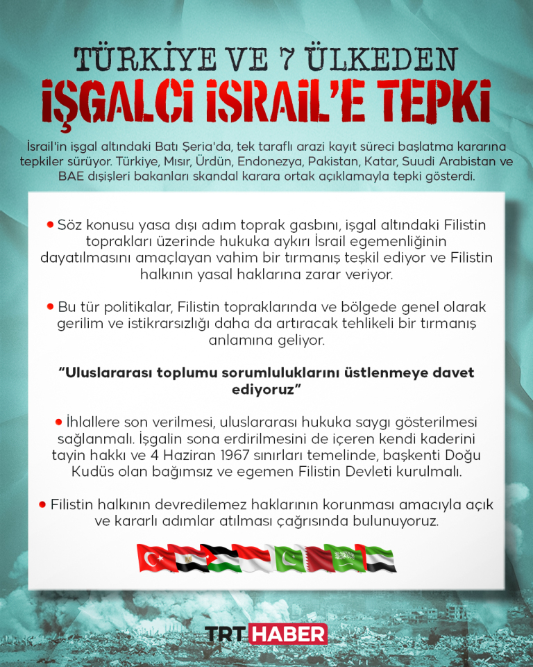 Türkiye ve 7 ülkeden işgalci İsrail’e tepki