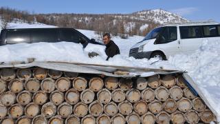 Hizan arıcıları kovanları kar altında koruyor