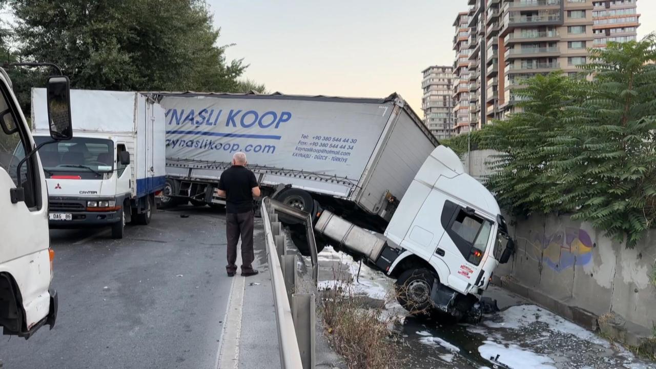 Halı yüklü tır dereye devrildi